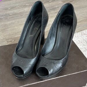 Gucci Black Embossed Peep Toe Heels